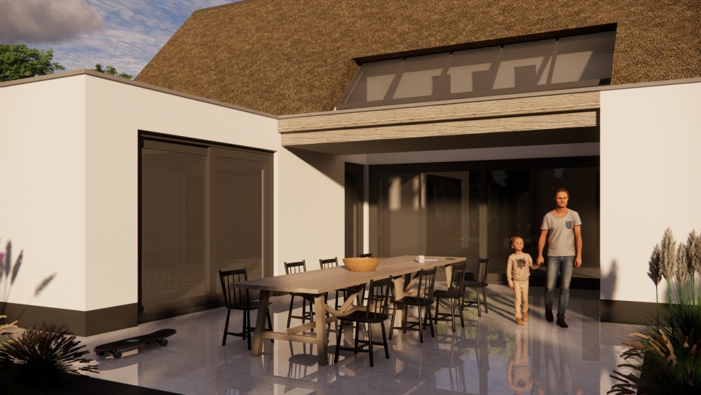 3D Render van moderne vrijstaande woning met rieten zadeldak witte pleistergevel en houtaccenten 5