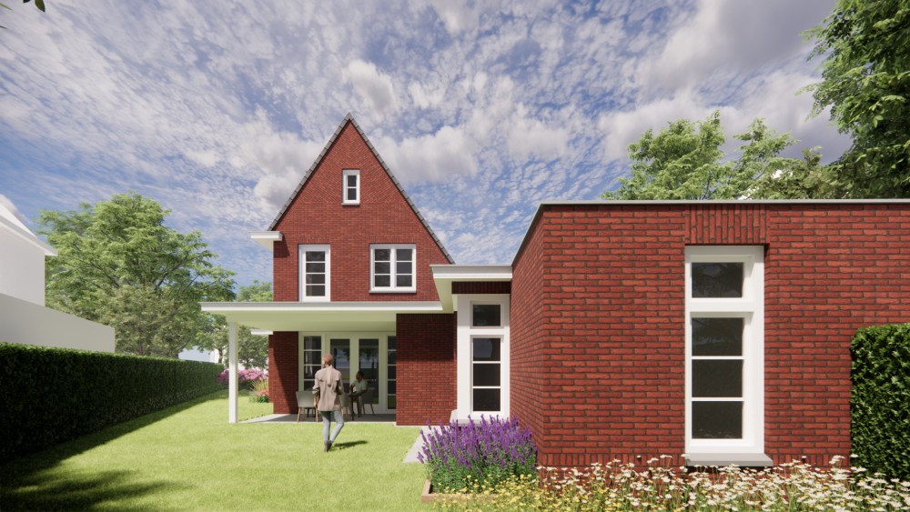 3D Render van vrijstaande woning in jaren 30 stijl met metselwerk gevels en zadeldak met gegolfde dakpannen 7