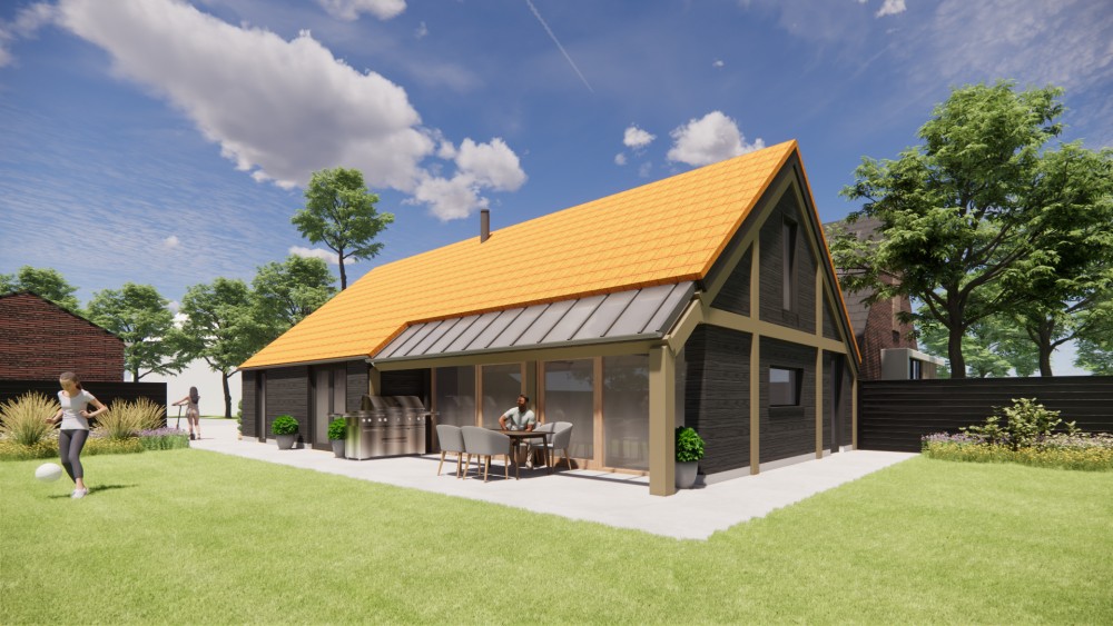 Afbeelding van Vrijstaande schuurwoning met houten gevel, zadeldak met vlakke dakpannen en overdekte entree - 68a113fc-7bc2-4630-9f56-0b4bb4d73e05