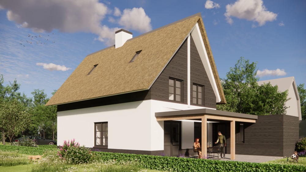Afbeelding van Rietgedekt landhuis met wit pleisterwerk en houten accenten - 1ee08922-5d19-49ba-820d-d1f67b1f66e2