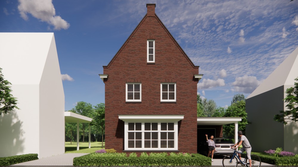 3D Render van vrijstaande jaren 30 woning met metselwerk, erker en zadeldak met gegolfde dakpannen 5