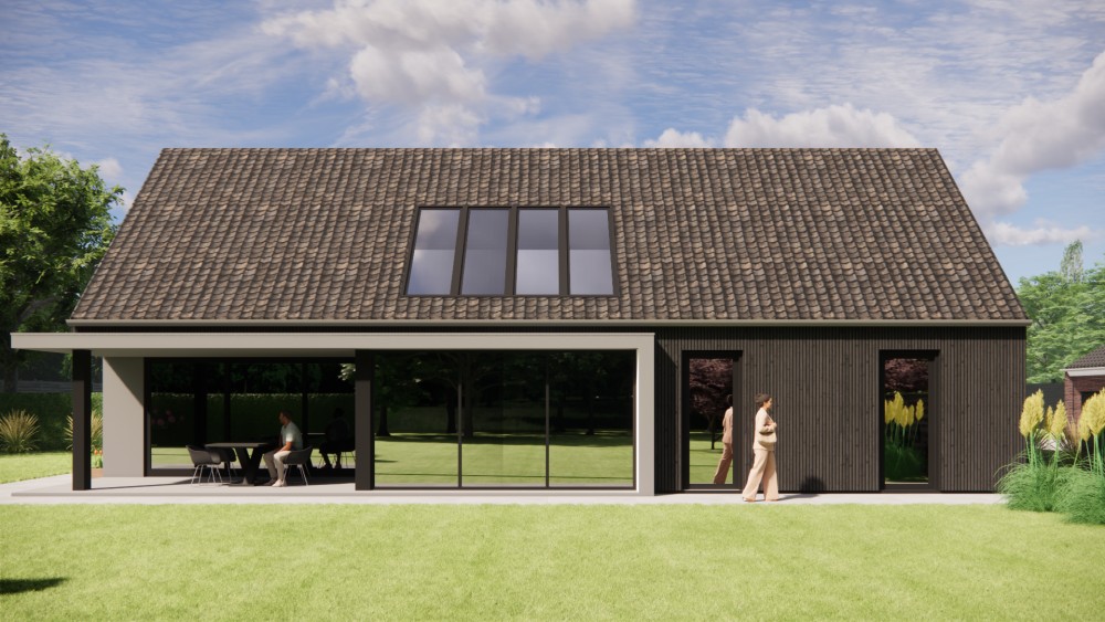 3D Render van schuurwoning met houten gevels en zadeldak met gegolfde dakpannen 5