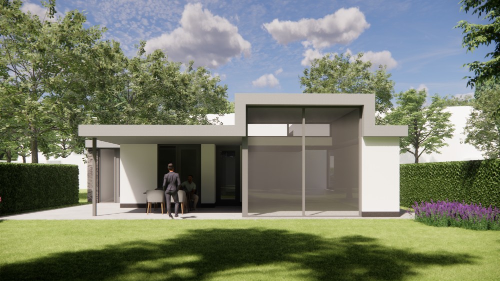 3D Render van vrijstaande kubistische woning met pleisterwerk en plat dak 6