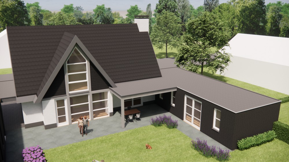 3D Render van vrijstaande moderne woning met wit en zwart metselwerk en zadeldak met vlakke dakpannen 9