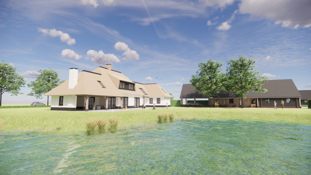 Afbeelding van Landelijke villa met rieten schilddak, houten luiken en wit pleisterwerk - 15aedf17-1f58-437f-b78c-51e36614e369