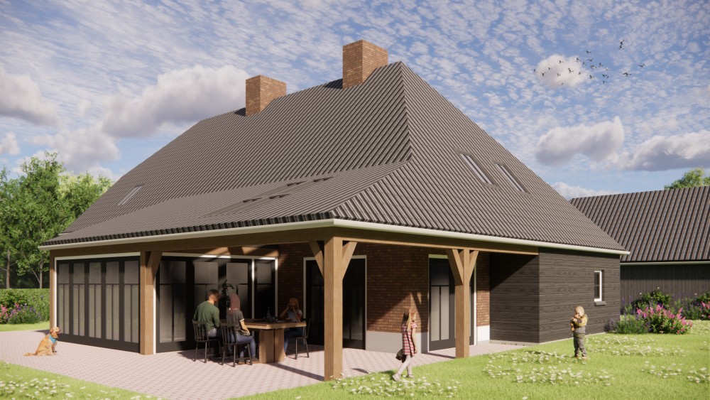 Afbeelding van Landelijke boerderijwoning in metselwerk met wolfsdak met gegolfde dakpannen en houten accenten - 4ef5b783-21fe-468d-bfd1-398cb510267c
