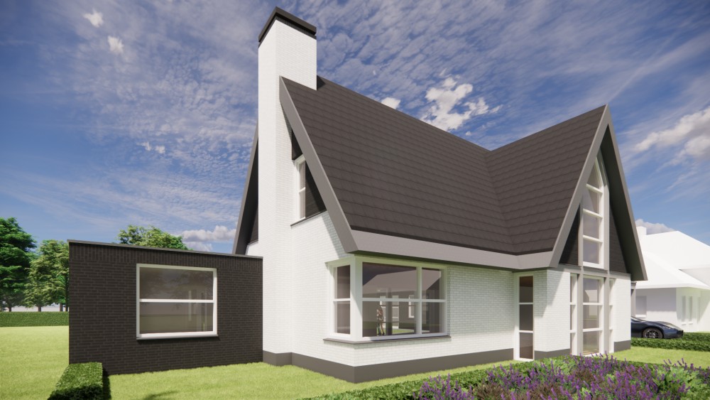 3D Render van vrijstaande moderne woning met wit en zwart metselwerk en zadeldak met vlakke dakpannen 4