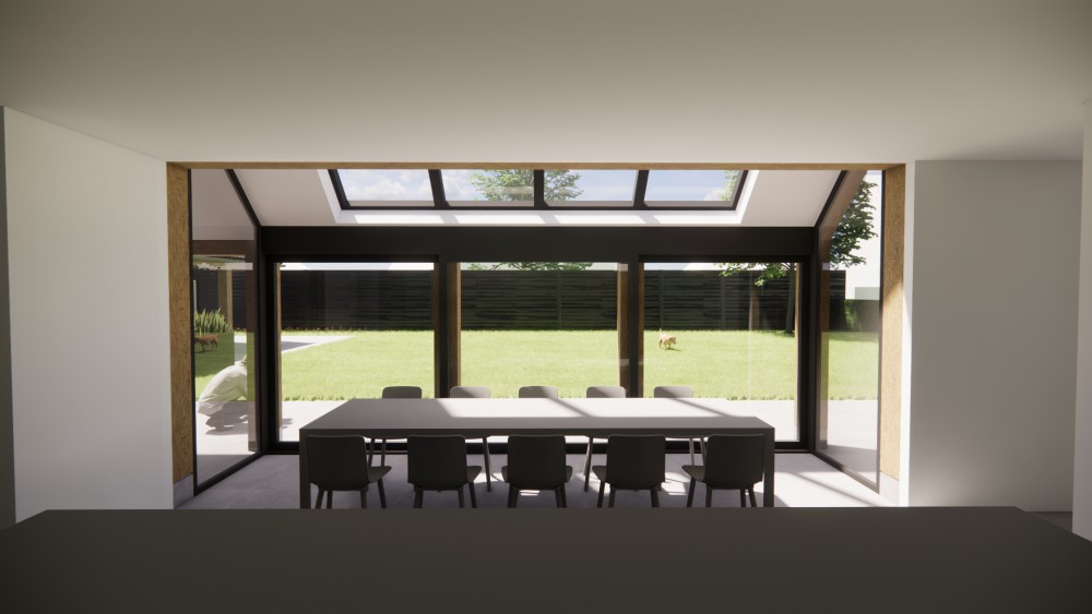 3D Render van landelijke boerderijwoning met wolfsdak, gegolfde dakpannen en houten accenten 5