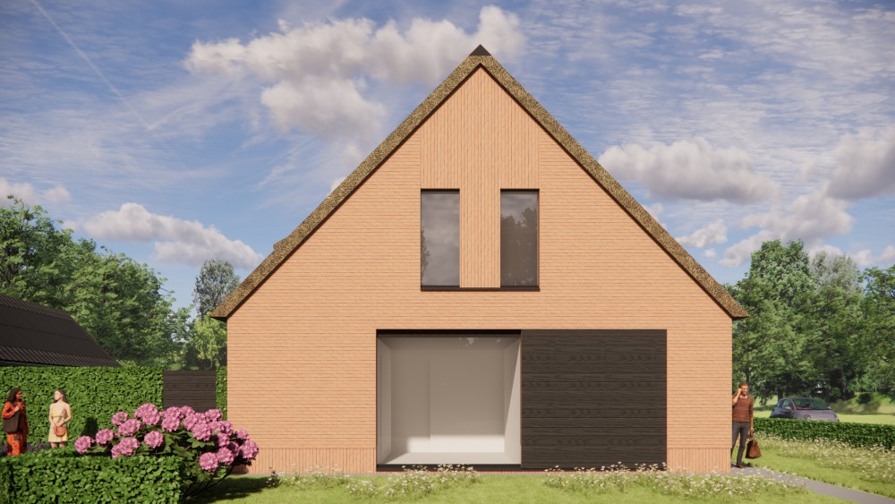 3D Render van rietgedekte schuurwoning met bakstenen gevel en houten details 6