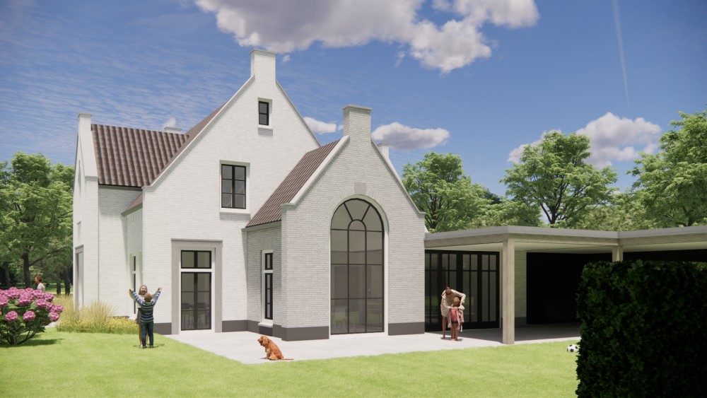 3D Render van jaren 30 woning met wit gekeimd metselwerk schoorsteen en zadeldak met gegolfde dakpannen 8