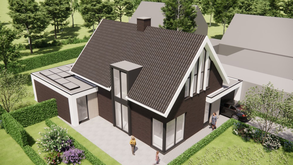 3D Render van eigentijdse woning met metselwerk gevel, houten accenten en markant zadeldak 7