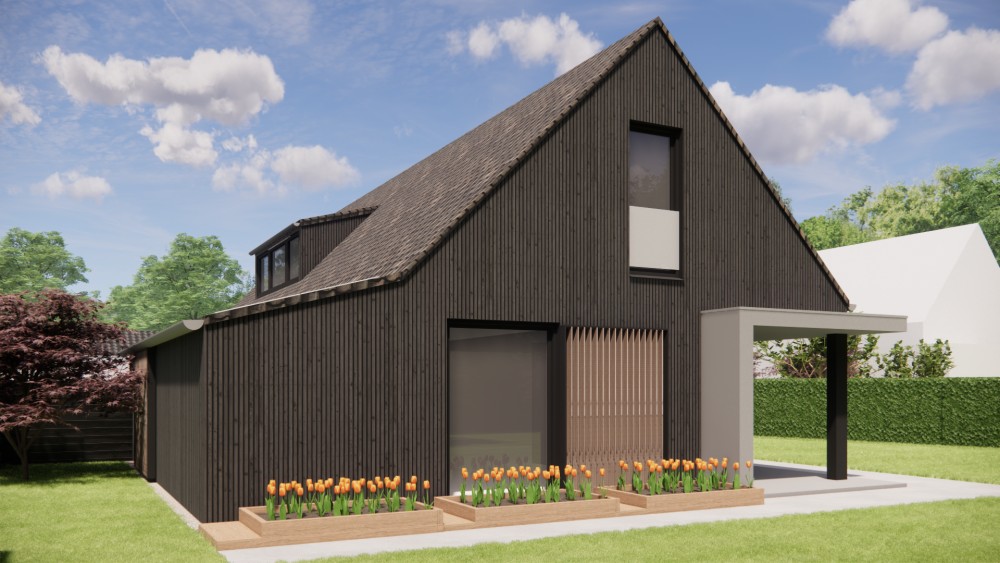3D Render van schuurwoning met houten gevels en zadeldak met gegolfde dakpannen 4