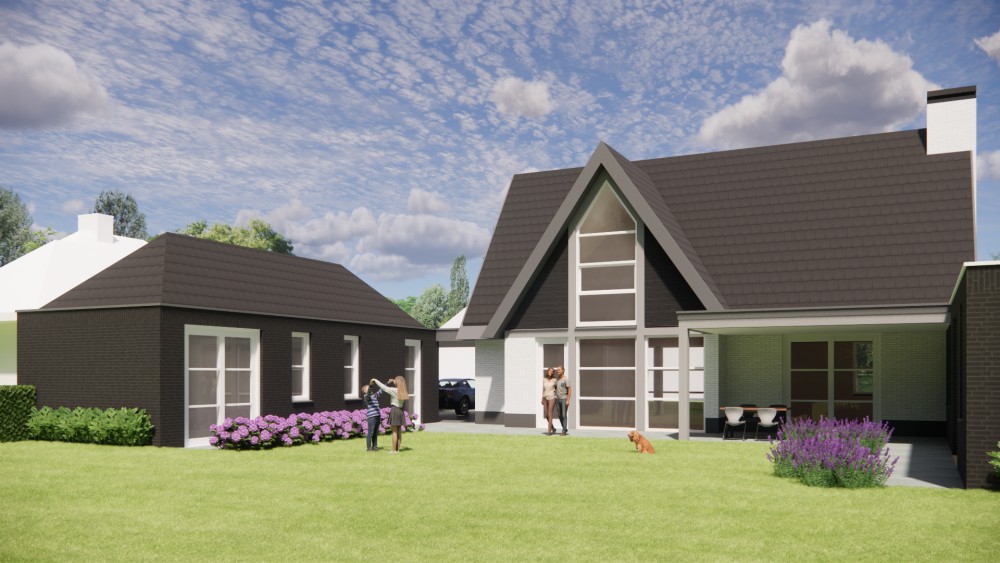 3D Render van vrijstaande moderne woning met wit en zwart metselwerk en zadeldak met vlakke dakpannen 8