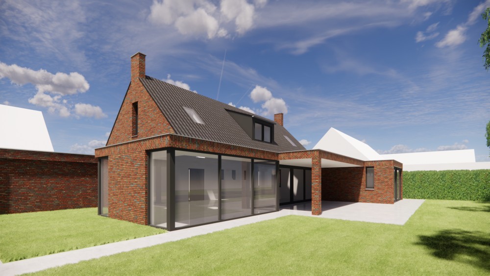 Afbeelding van Moderne woning met donker zadeldak, metselwerk gevel en geïntegreerde schoorsteen - 05e1181b-3991-4873-af3a-9fef48c9c702