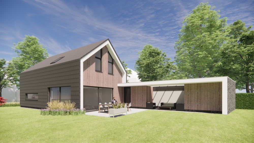 Afbeelding van Eigentijdse schuurwoning met zadeldak bruine houten gevel en vlakke dakpannen - 3af70f0b-78f3-4b19-91d0-a757810179c1