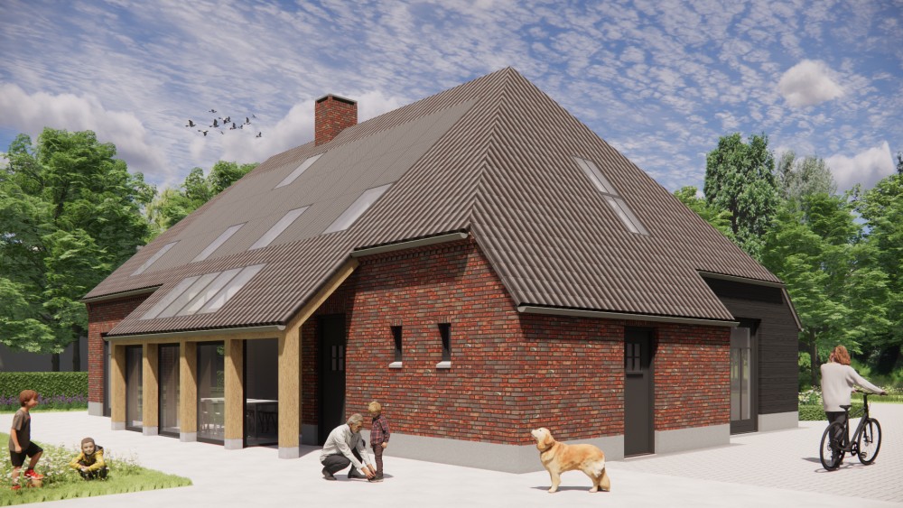 3D Render van landelijke boerderijwoning met wolfsdak, gegolfde dakpannen en houten accenten 5