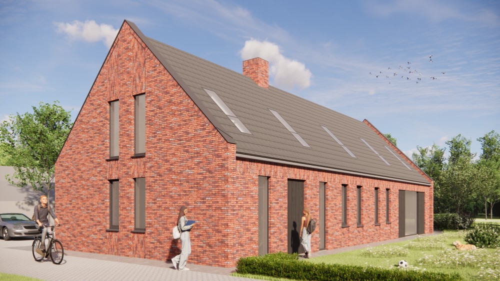 Afbeelding van Vrijstaande moderne woning in rood metselwerk met zadeldak in vlakke dakpannen en houtaccenten - 2dcdd97b-d875-4856-a286-8035b7316a19