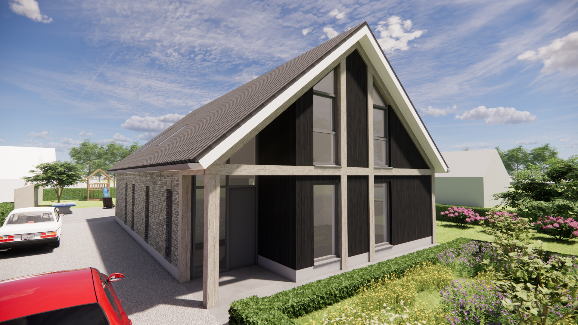 3D render van Vrijstaande schuurwoning met houten gevel, hoekkozijnen en overkapt terras