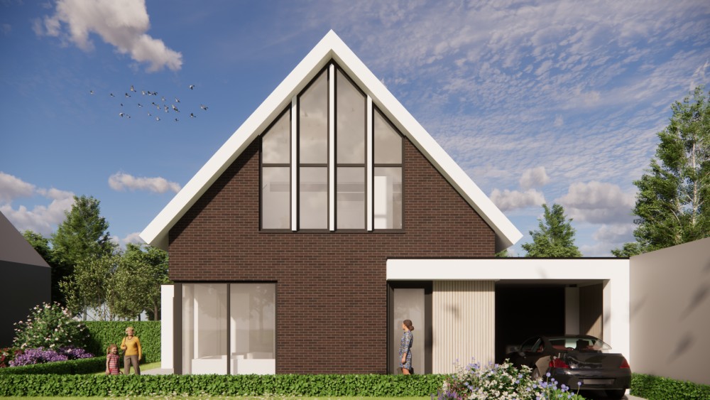 3D Render van eigentijdse woning met metselwerk gevel, houten accenten en markant zadeldak 6