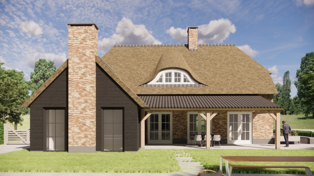 3D Render van boerderijwoning met rieten wolfsdak en houten accenten 6