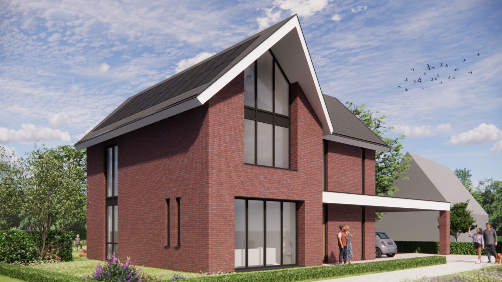 Afbeelding van Strakke baksteenarchitectuur met zadeldak en schuine dak overstek - c07a714d-070b-4ec2-8bd1-0808acb6ce37