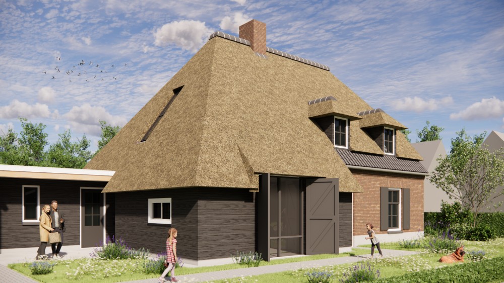 Afbeelding van Vrijstaand landelijk huis met metselwerk gevels en wolfsdak in riet en gegolfde pannen - 1500044d-a52e-4225-b348-1803a83b1f78