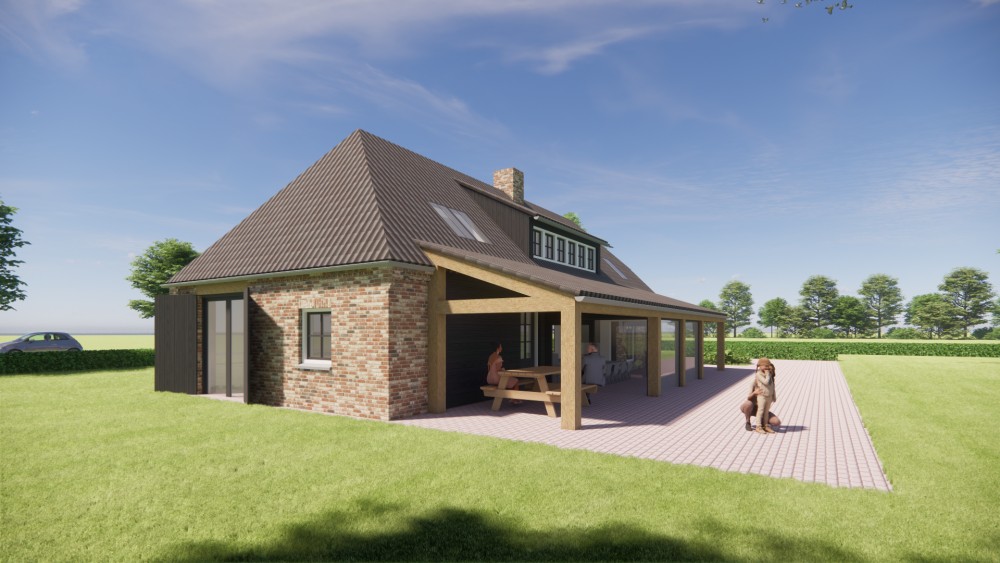 Afbeelding van Boerderijwoning met wolfsdak, gegolfde dakpannen en houten accenten - 4bc53e60-f8b2-4fa3-be1c-bc770d629eeb