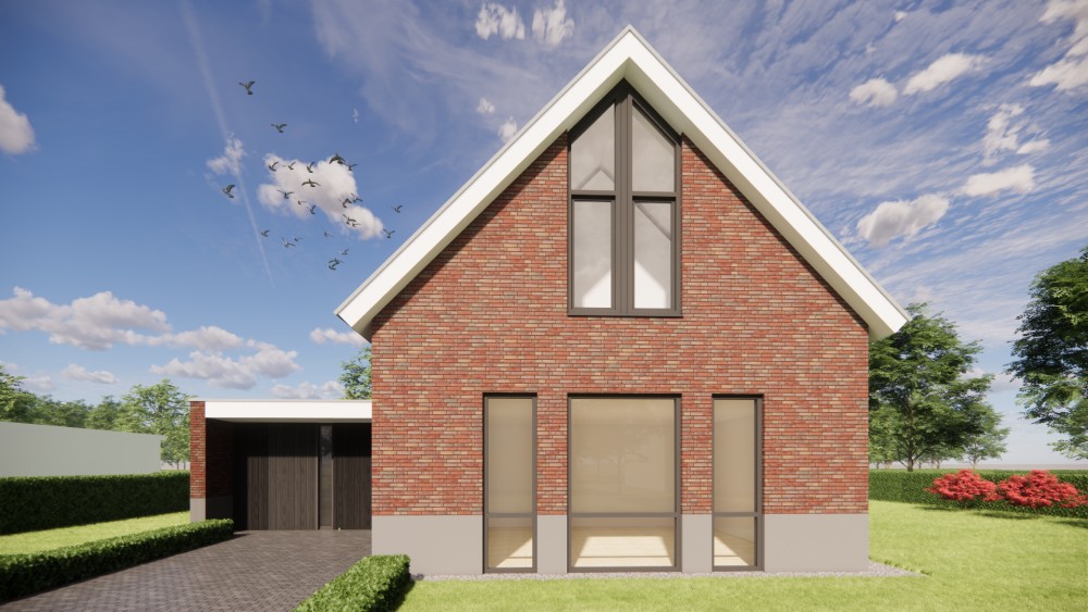 3D Render van vrijstaande moderne woning met rood metselwerk en zadeldak met gegolfde dakpannen 5
