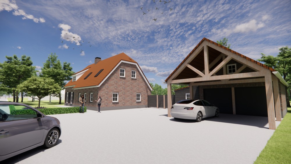 Afbeelding van Boerderijwoning met rood gegolfd wolfsdak, witte dakranden en bakstenen gevel - f22eee79-03e0-471b-b9b5-37126a16af3d