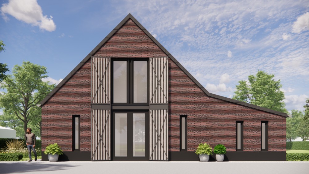 3D Render van vrijstaande schuurwoning met metselwerk gevels en zadeldak met vlakke dakpan 4