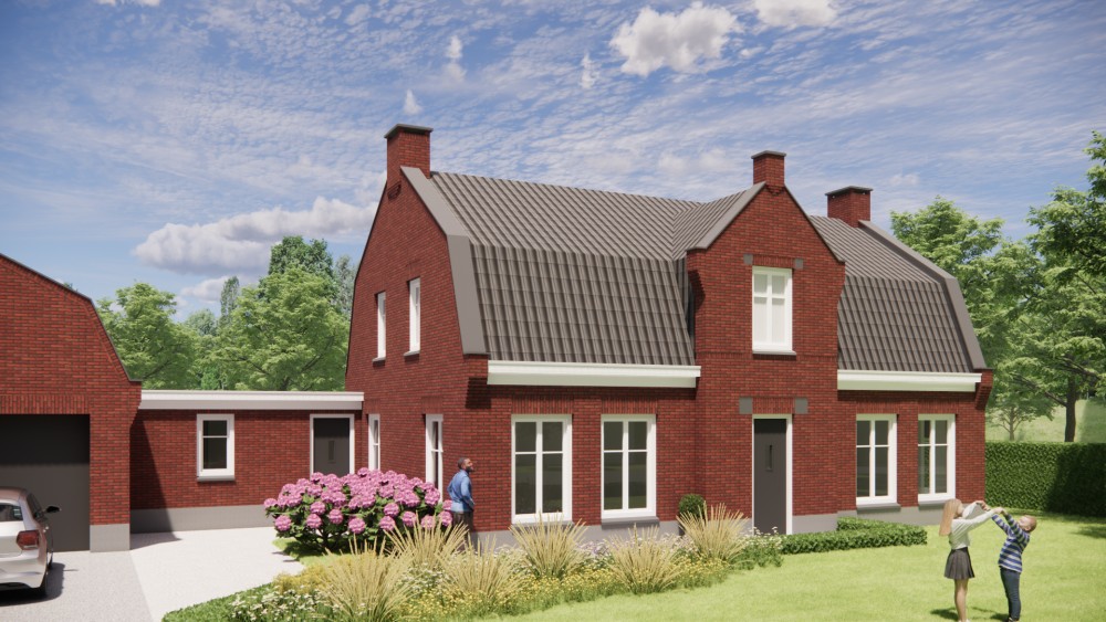 3D Render van vrijstaand woonhuis in jaren 30 stijl met metselwerkgevel en mansardedak met gegolfde dakpannen 4