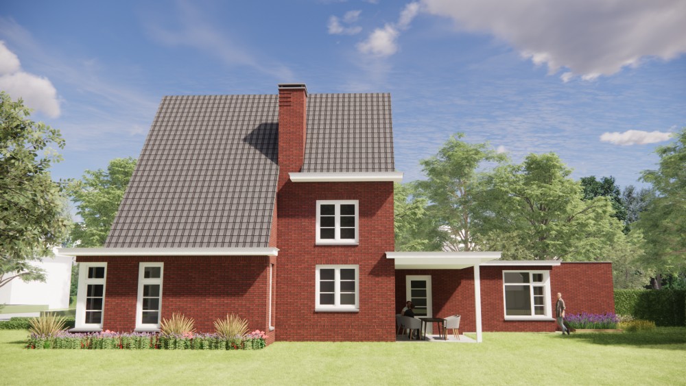 3D Render van vrijstaande woning in jaren 30 stijl met metselwerk gevels en zadeldak met gegolfde dakpannen 6