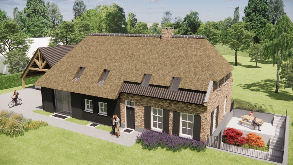 3D Render van landelijke boerderijwoning met rieten wolfsdak en metselwerk met houten accenten 5