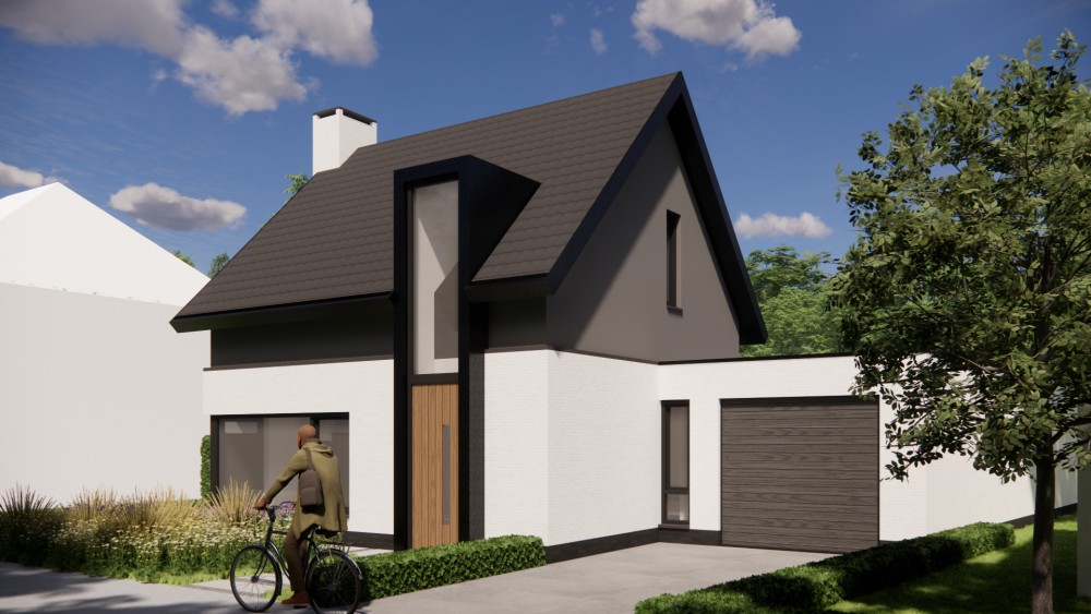 Afbeelding van Vrijstaande moderne woning met wit gekeimd metselwerk, zadeldak met vlakke dakpan en houtaccenten - f75c5dcc-bdbe-4c90-86a9-08cd5fe25a27