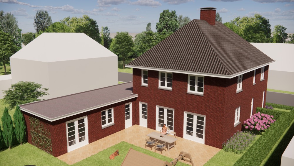 3D Render van vrijstaande notariswoning met metselwerk gevels en klassiek schilddak 7