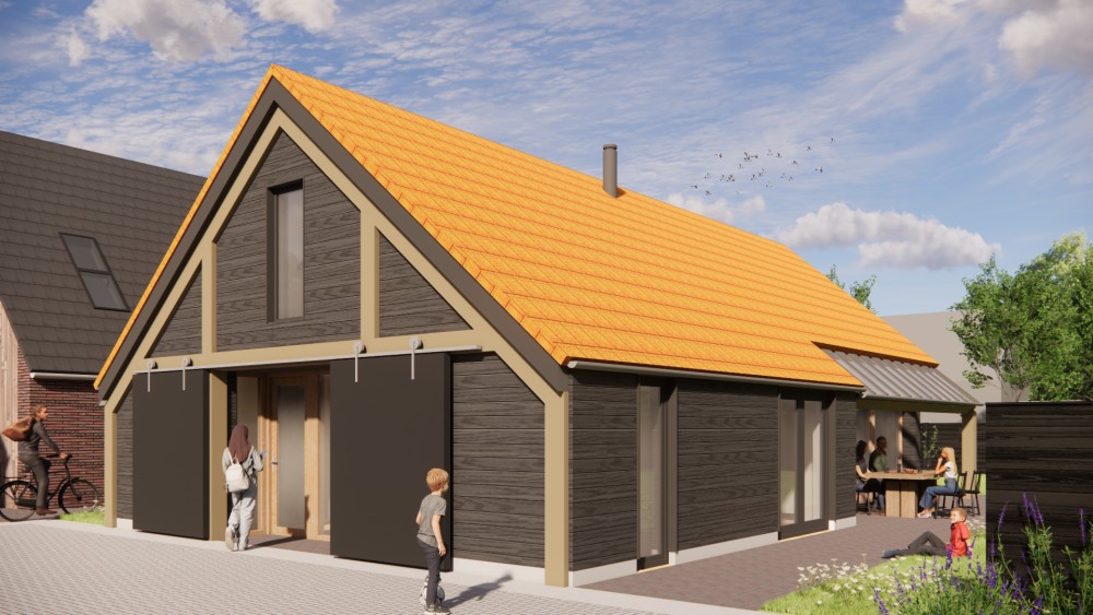 Afbeelding van Vrijstaande schuurwoning met houten gevel, zadeldak met vlakke dakpannen en overdekte entree - 68a113fc-7bc2-4630-9f56-0b4bb4d73e05