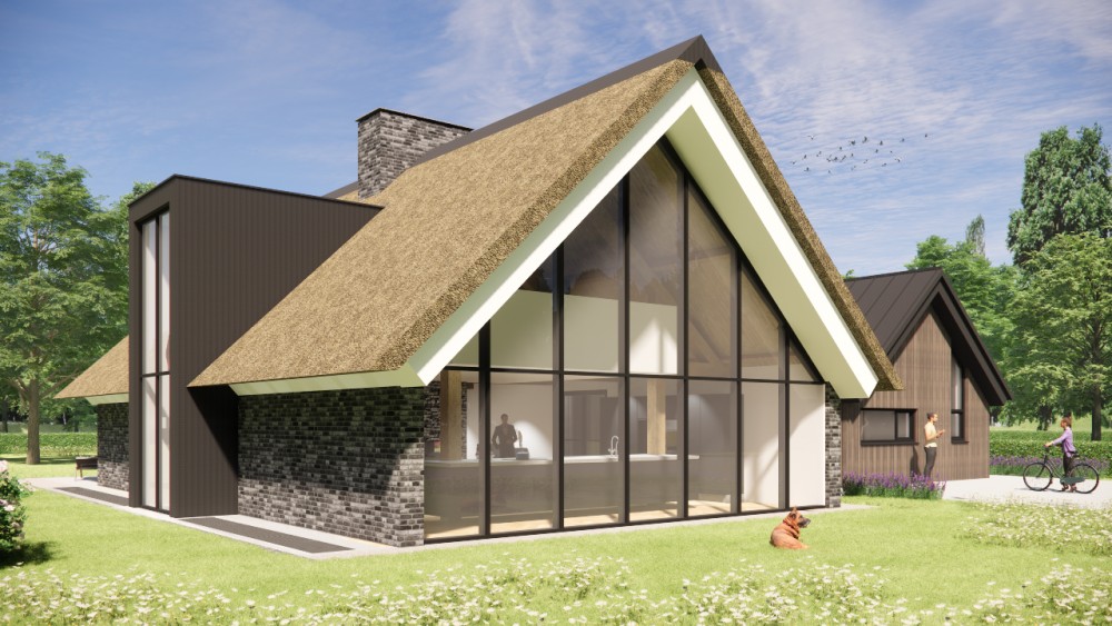 Afbeelding van Landelijke villa met rieten zadeldak, houten accenten en risaliet - d20b0f2e-f24d-4807-a115-c8754327baa2