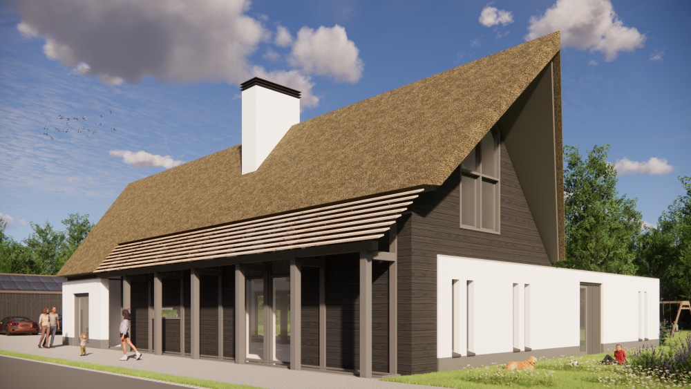 Afbeelding van Moderne woning met pleisterwerk, rieten dak en zadeldak op drie bouwlagen - c70c829a-9f77-4ed0-abdf-4884442b01b3