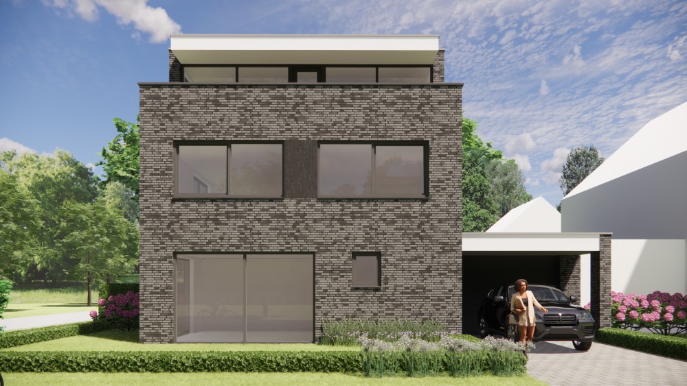 3D Render van kubistische vrijstaande woning met zwart en grijs metselwerk, plat dak en dak overstek 5
