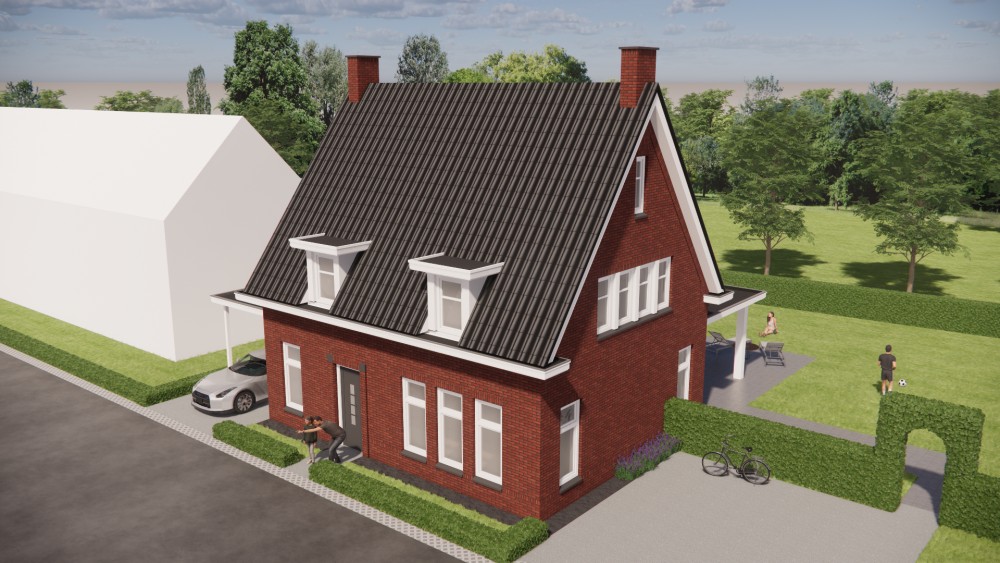 3D Render van jaren 30 notariswoning met zadeldak, metselwerk en houten kozijnen 8