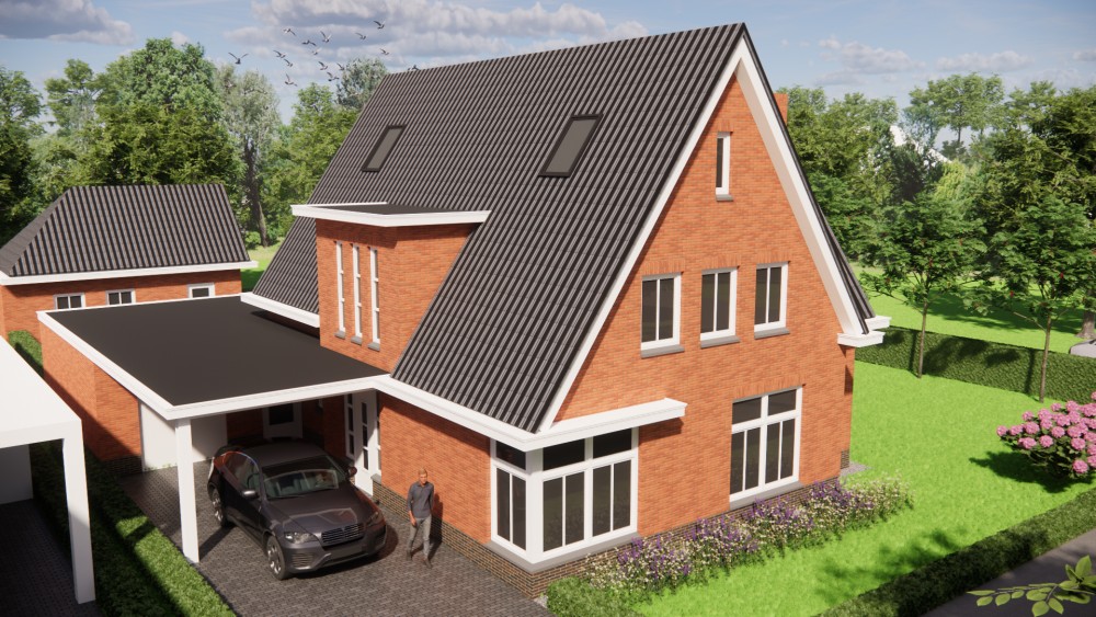 3D Render van vrijstaande jaren 30 woning met rood metselwerk, zadeldak met gegolfde dakpannen en dakkapel 7