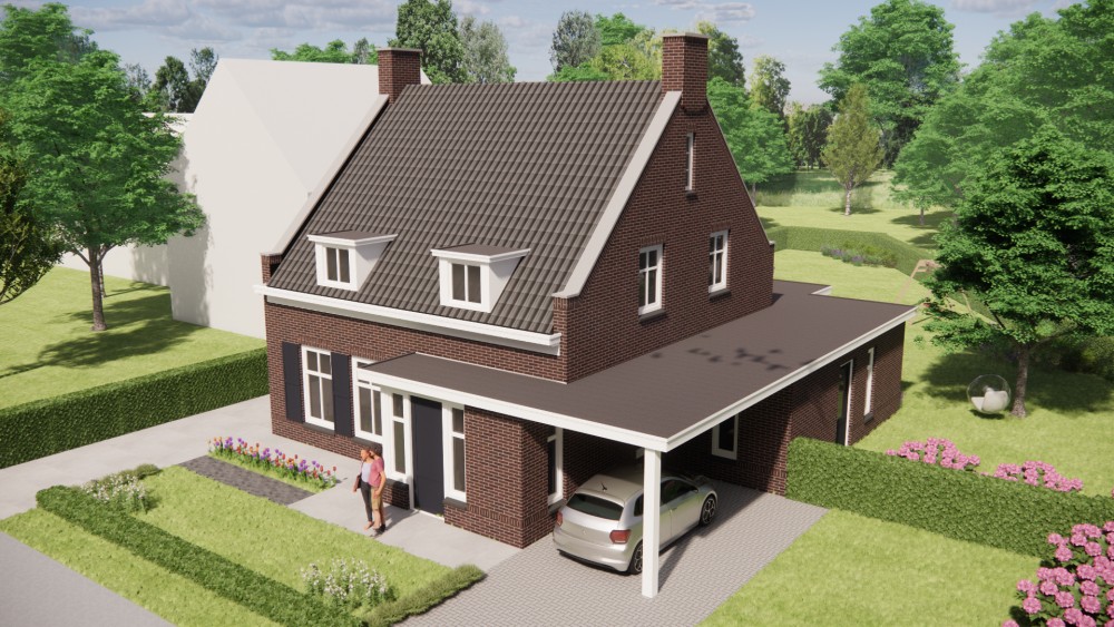 3D Render van vrijstaande jaren 30 nieuwbouw met metselwerkgevel, zadeldak en dakkapel 7