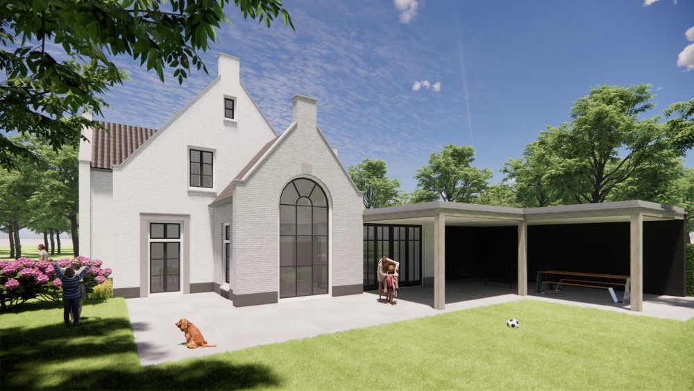 3D Render van jaren 30 woning met wit gekeimd metselwerk schoorsteen en zadeldak met gegolfde dakpannen 5