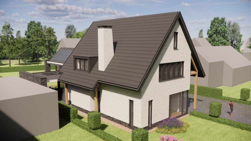 3D Render van moderne vrijstaande woning met gekeimd metselwerk en zadeldak met vlakke dakpan 10
