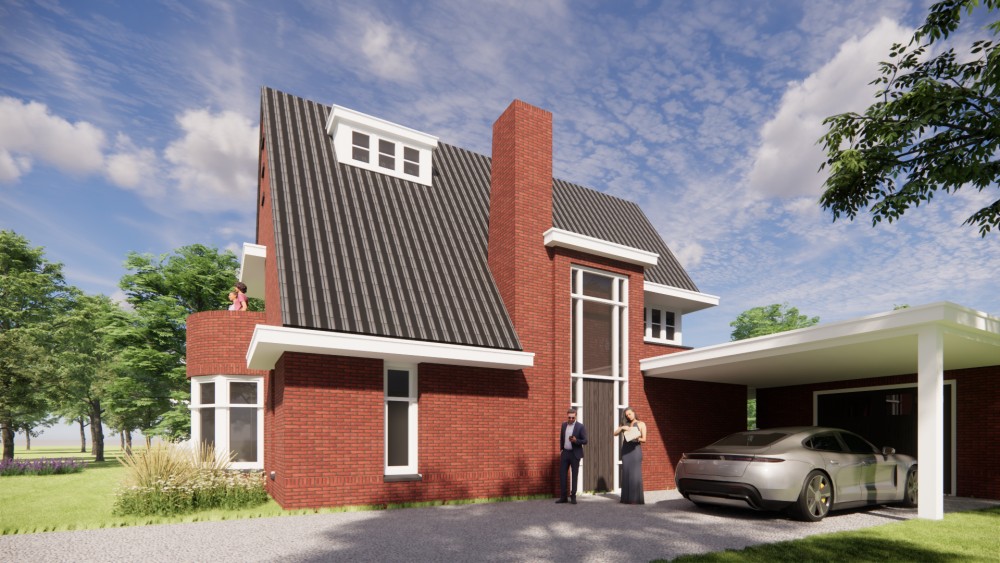 3D Render van vrijstaande jaren 30 woning in metselwerk met zadeldak en gegolfde dakpannen 6