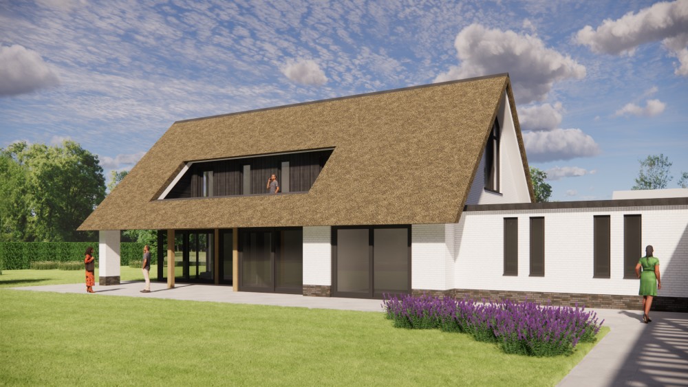 3D Render van moderne L-vormige woning met rieten zadeldak en gekeimde gevels 10