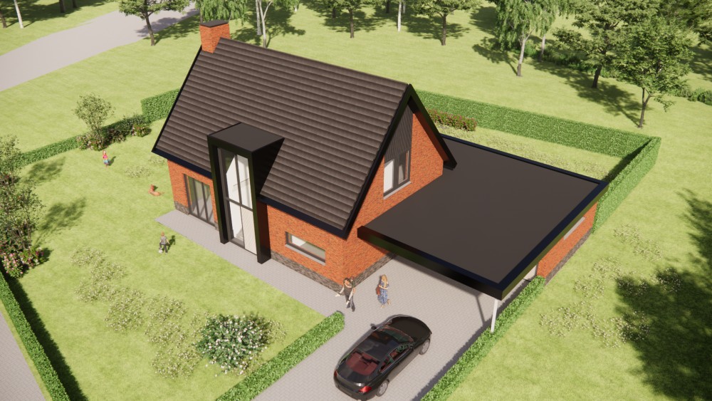 3D Render van landelijke woning met metselwerk gevels, houten accenten en overdekt terras 8