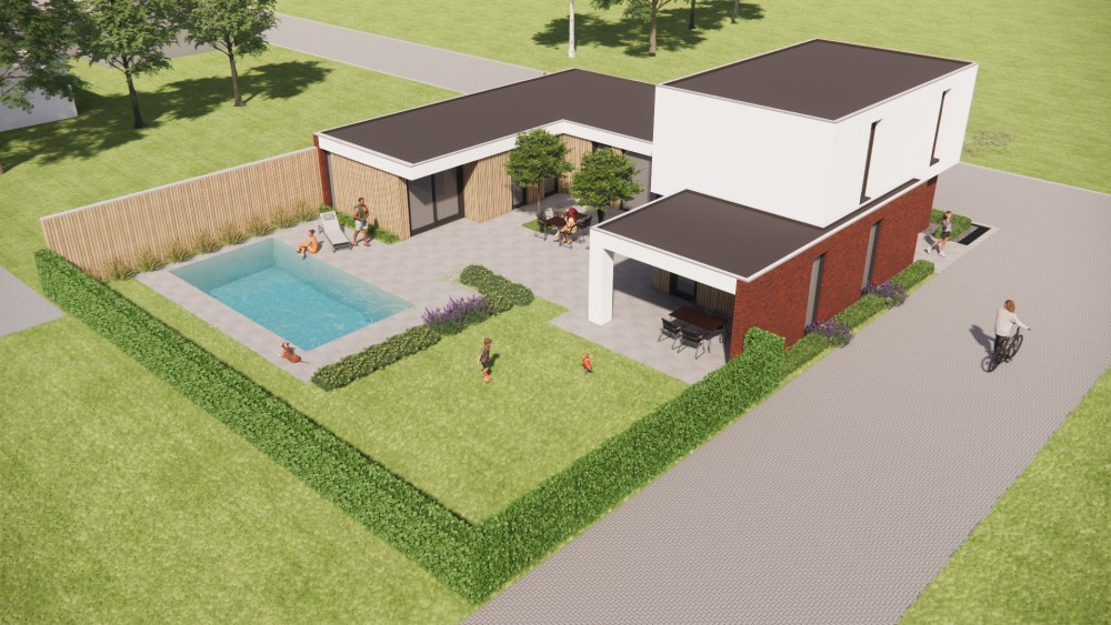 3D Render van kubistische woning met wit pleisterwerk, houtaccenten en strak vormgegeven buitenruimte 7