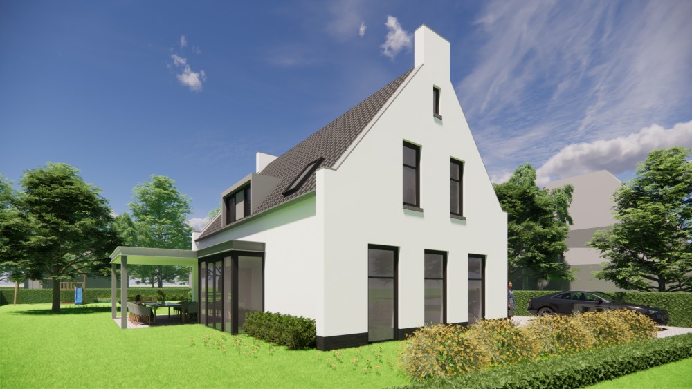 Afbeelding van Vrijstaande moderne woning met pleisterwerk en zadeldak met gegolfde dakpannen - 7ce55cb2-d318-4906-8cd4-cabd9cbdaf77
