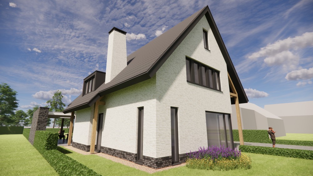 Afbeelding van Moderne vrijstaande woning met gekeimd metselwerk en zadeldak met vlakke dakpan - 68e30eed-b98f-445e-a02e-211ac03f5733